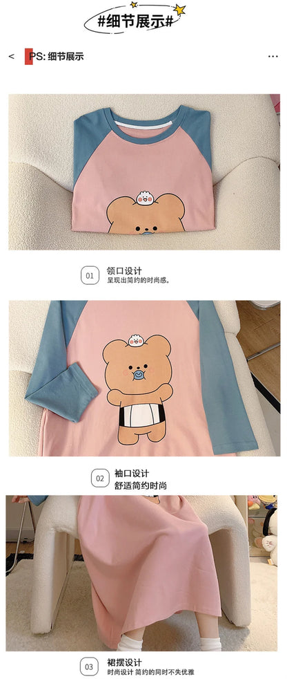 New Spring Summer Cotton Women's Pajamas Cute Long-sleeved Nightdress Cartoon Print Dress Home Service