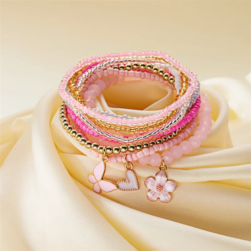 9pcs/set Bohemian Butterfly Flower Pendant Bracelet for Women Handmade Rice Beads Stacked Bracelet Summer Beach Party Jewelry