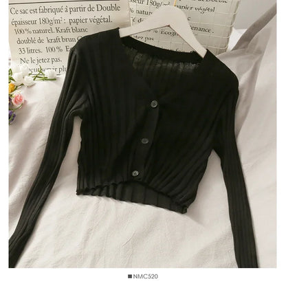 Women's Acrylic Long Sleeve V-Neck Button-Down Slim Cropped Ribbed Knit Cardigan Thin Solid Stretch Crop Top Knitwear