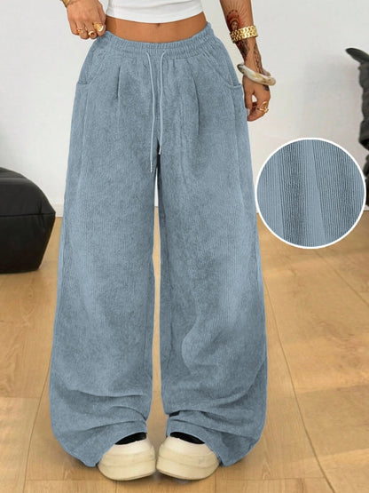 Women's Retro Corduroy Cargo Pants Casual Drawstring Straight Sports Pants Drape Daily Commuting Wide Leg Pants