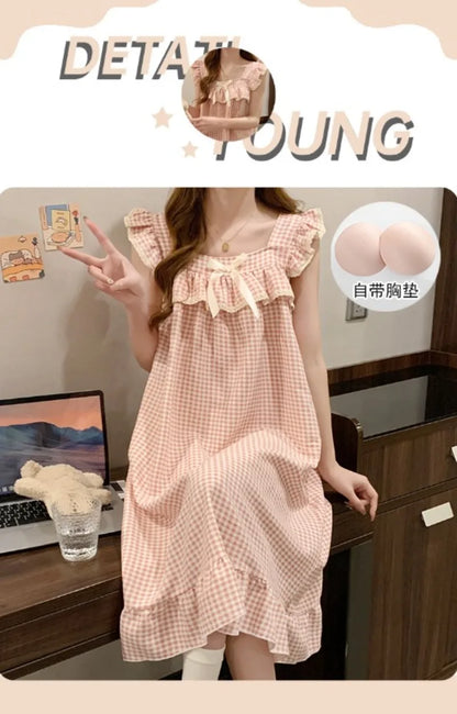 Women Korean Sweet Plaid Bow Design Nightgown with Straps Sleep Dress Cute Summer New Loungewear Y2K Nightgown with Built-in Bra