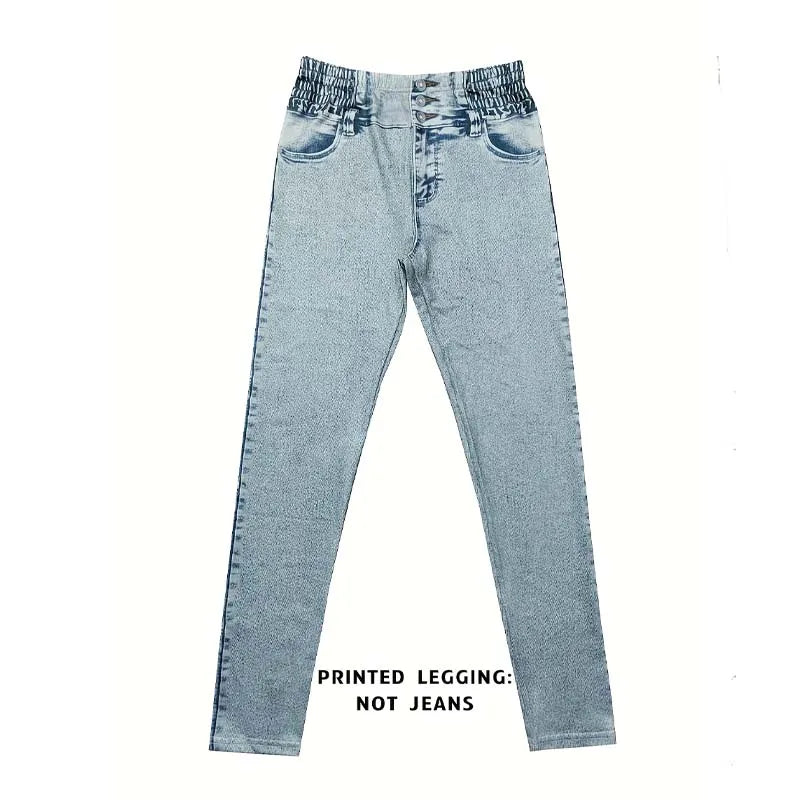 Women's Imitation Denim Printed Leggings, Non-Denim Fabric Casual Skinny Pants, Outdoor Sports Yoga Pants