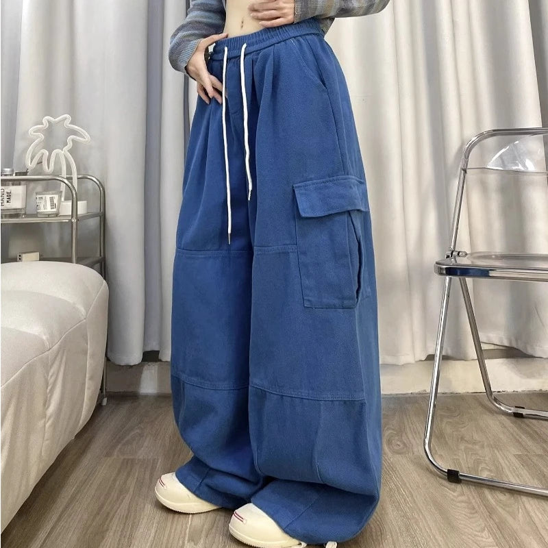 Cargo Pants Women Solid Color Japanese Loose Thin Straight Wide-leg High Waist Trousers High Street Basics Casual Pants Female