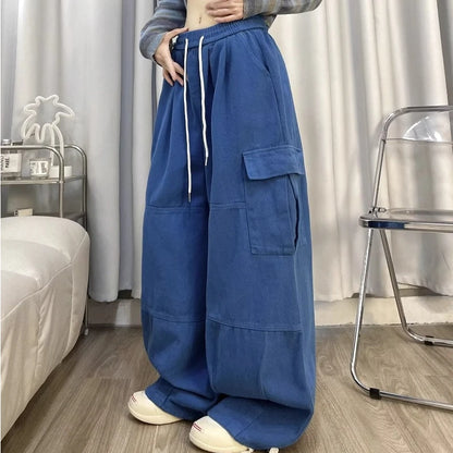 Cargo Pants Women Solid Color Japanese Loose Thin Straight Wide-leg High Waist Trousers High Street Basics Casual Pants Female