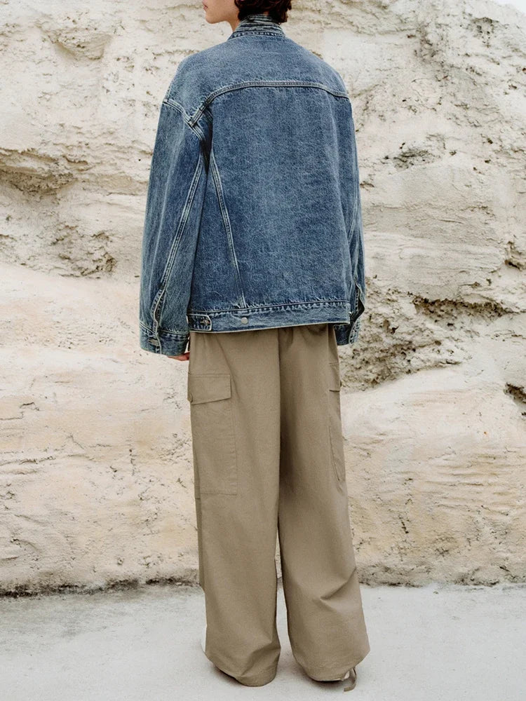 2025 Spring Stylish Denim Jackets for Mens Streetwear Fashion Irregular Wrap V Neck Jean Cardigan Men Vintage Lace-up Jean Coat