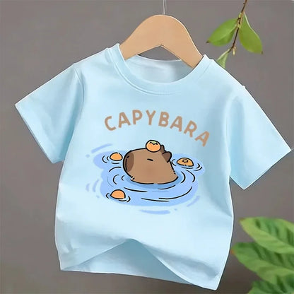 4 To14Y Girls Casual Capybara Print Short Sleeve T-Shirt 2026 New Cute Spring Summer Y2k Children's Crew Neck Tee Tops