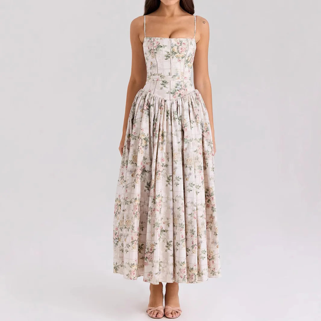 Summer Midi Dress - Women's Floral Print Elegant Camisole Fit and Flare Holiday Dress