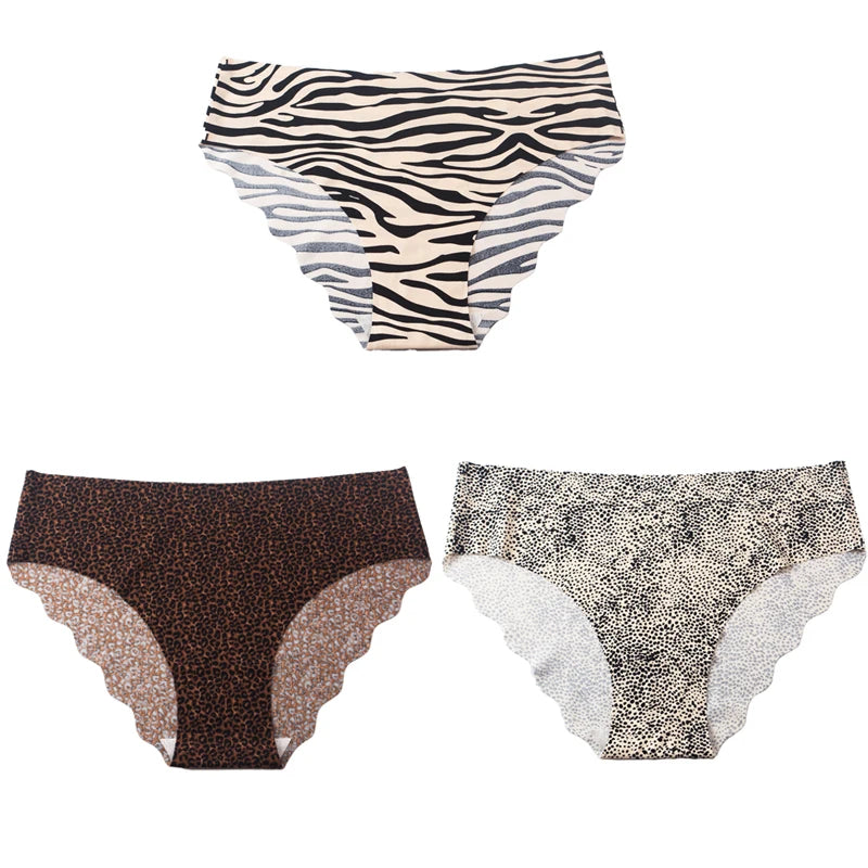 3pcs Women's Seamless Ice Silk Panties Female Mid Waist Plus Size Leopard Print Underwear Girls Fashion Brief Lady Comfort Panty