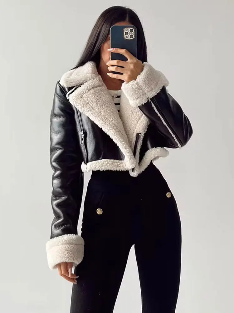 Faux Leather Jacket - Women's Winter Coat With Zipper Front & Turn-Down Collar