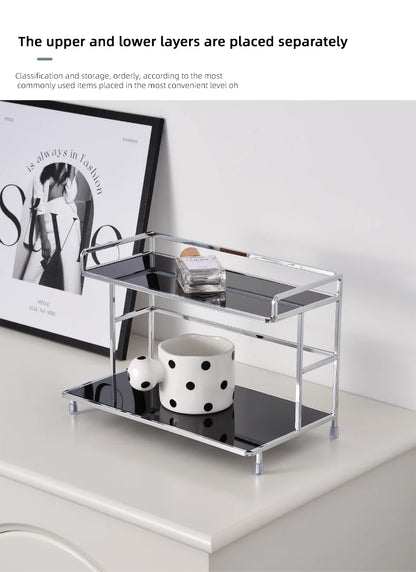 Metal Desk Organizer - Double Layer Desktop Storage Rack for Cup, Cosmetics & Bathroom