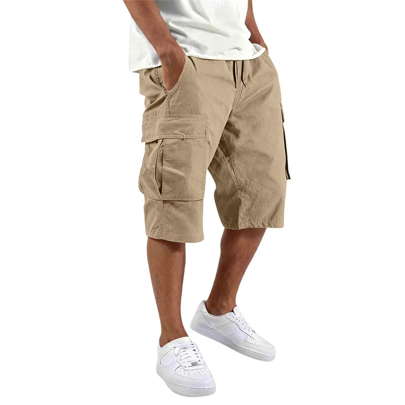 2026 Summer men loose straight pants Casual multi-pocket Shorts pure color fashion Men Shorts drawstring daily cargo short pants
