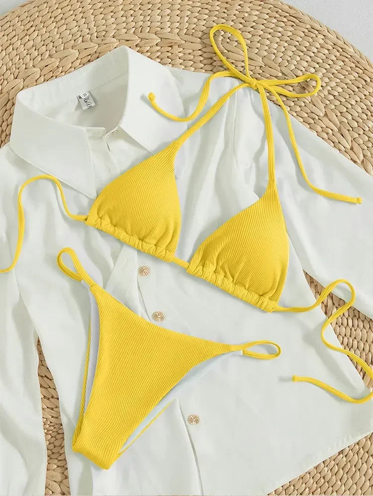 Sexy Women Thong Solid Color Bikini Set Side Halter Tie Swimsuit Ladies Split Strap Adjustable Brazilian Swimwear Beachwear