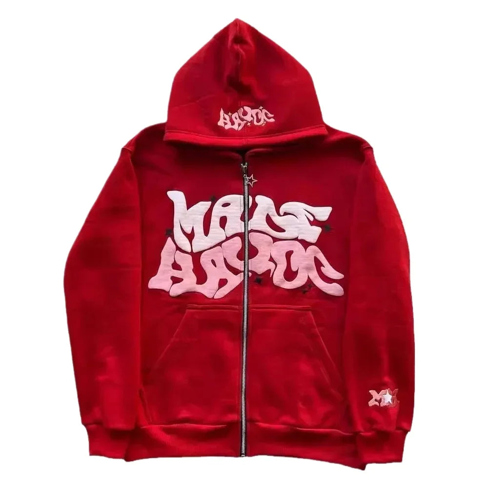 New trendy retro American letter-zippered hooded sweatshirt, unisex millennium-style jacket for autumn and winter