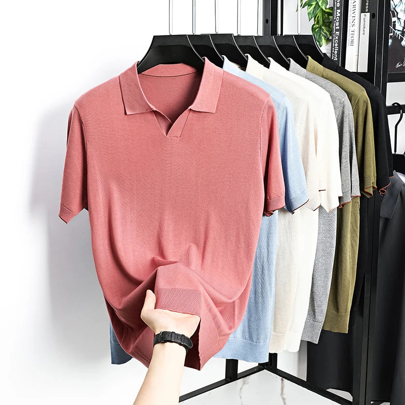 100%  Lyocell Knitwear 2025 Men Spring Summer Trendy Turn Down Collar Knit Tees Short Sleeve Breathable Knit Tops