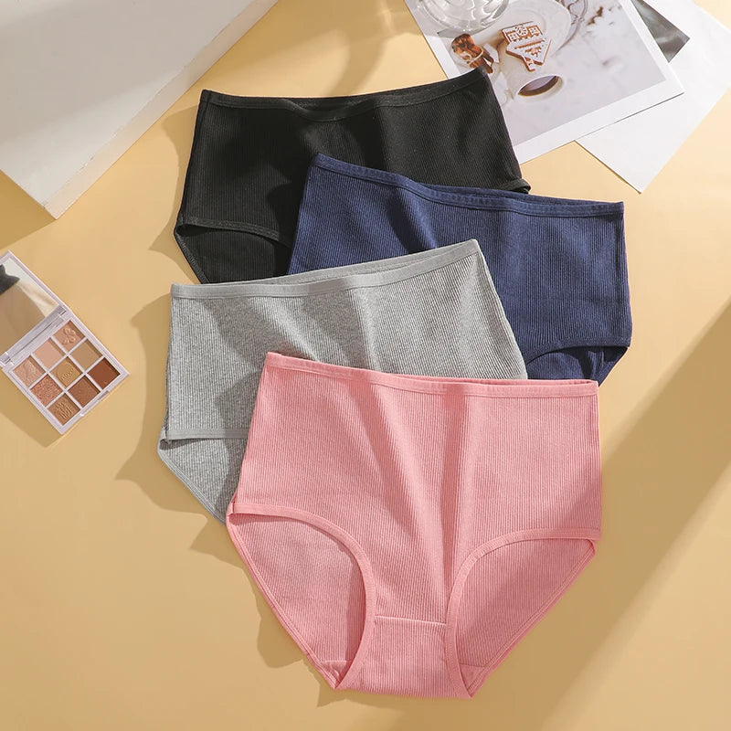 FINETOO 4 Pieces High Waist Women's Unicolor Seamless Panties Oversized Women's Underwears Solid Color S-XXL Cotton Pantys