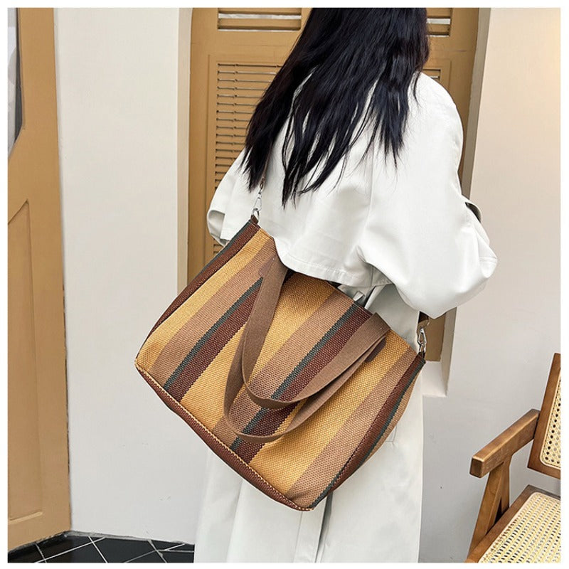 Striped Canvas Tote - Women's Crossbody Shoulder Bag With Zipper Closure, Versatile Daily Use