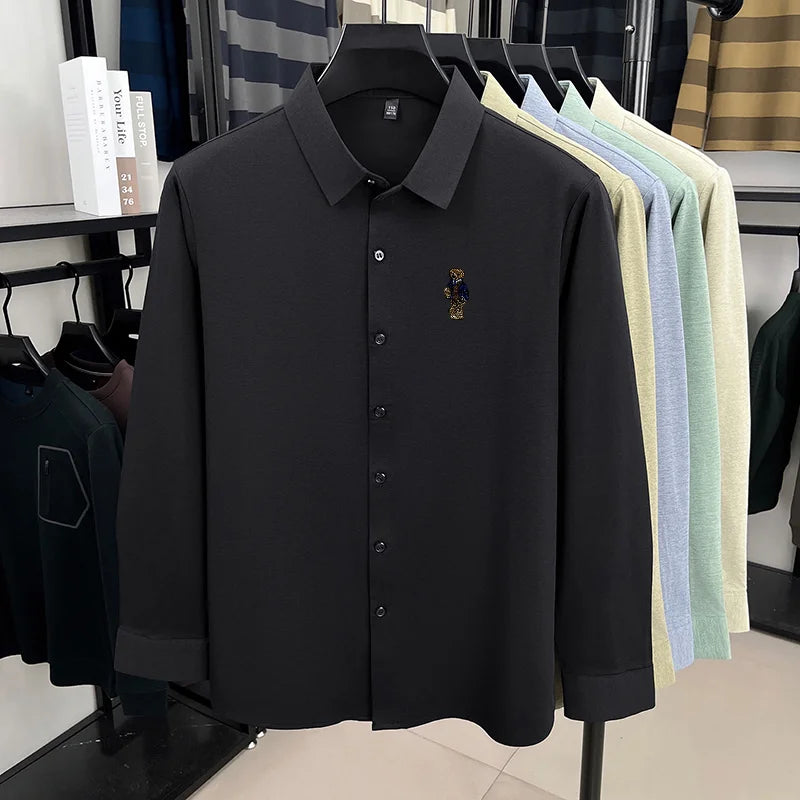 High-End Man Long-Sleeved Shirt Lapel Single-Breasted Bear Embroidery Spring New Shirt Fashion Versatile Leisure Men's Clothing