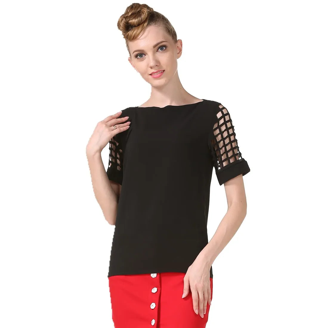 Summer Fashion Women Blouses & Shirts Hollow Out Sleeve Slash Neck Chiffon Blouse Plus Size