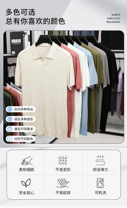 100%  Lyocell Knitwear 2025 Men Spring Summer Trendy Turn Down Collar Knit Tees Short Sleeve Breathable Knit Tops