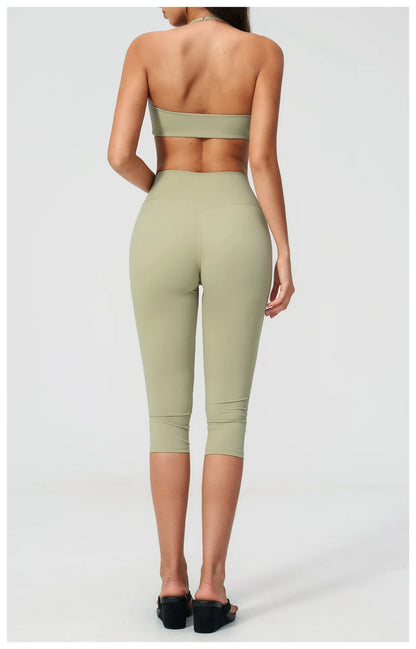 Women Tracksuit Yoga Set 2PCS Sports Set Short Sleeve Fitness Outfits Workout Clothes Running Capri Pants Gym Suit Athletic Wear