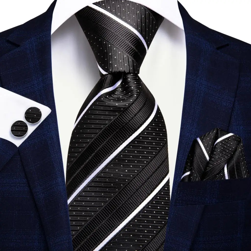 Black Floral Silk Wedding Tie Set - Elegant Necktie with Handkerchief  Cufflinks for Men