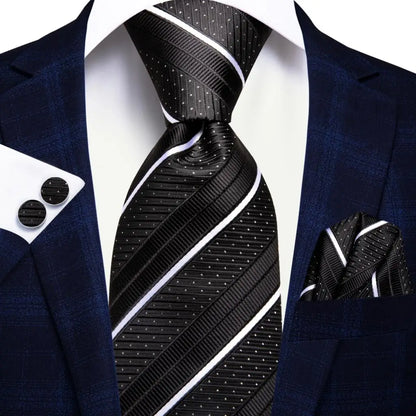 Black Floral Silk Wedding Tie Set - Elegant Necktie with Handkerchief  Cufflinks for Men