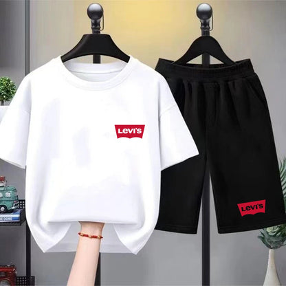 Summer Boy Girl Red T-shirt+Shorts Two-piece Set Kids Brand Clothing Fashion 3-12Yrs Sports Short-sleeved Casual Black Set