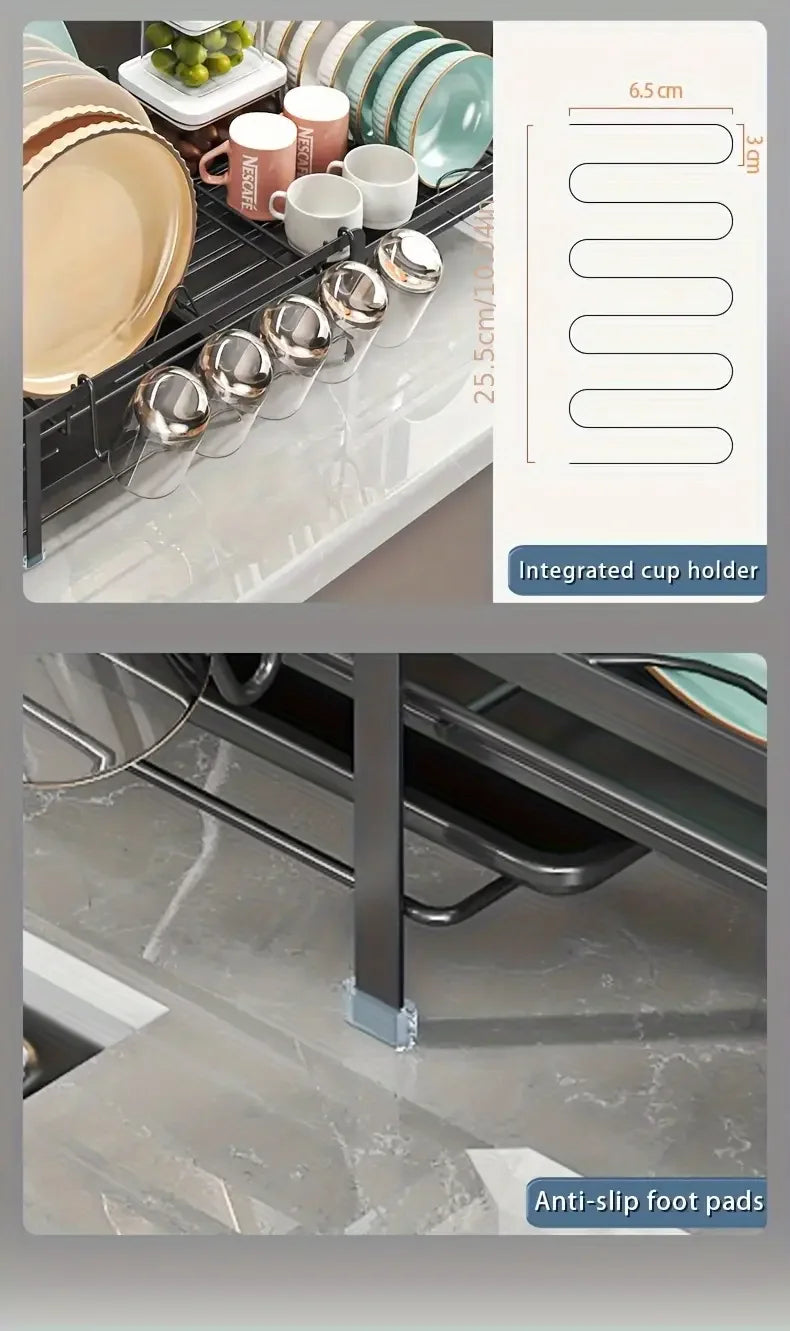 Expandable Dish Rack - Adjustable Kitchen Countertop Organizer with Utensil & Cup Holders