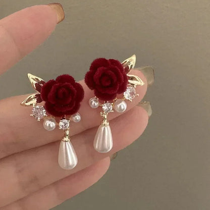 New Wine Red Velvet Rose Pearl Earrings for Women Vintage Red Rose Elegant High-end Studs Earrings Jewelry Accessories Gifts