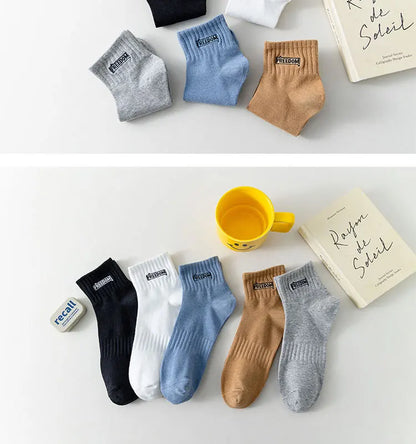 5 Pairs/Lot Men's Solid Color Socks Black White Business Casual Simple Versatile Breathable Cotton Sports Mesh Short Socks