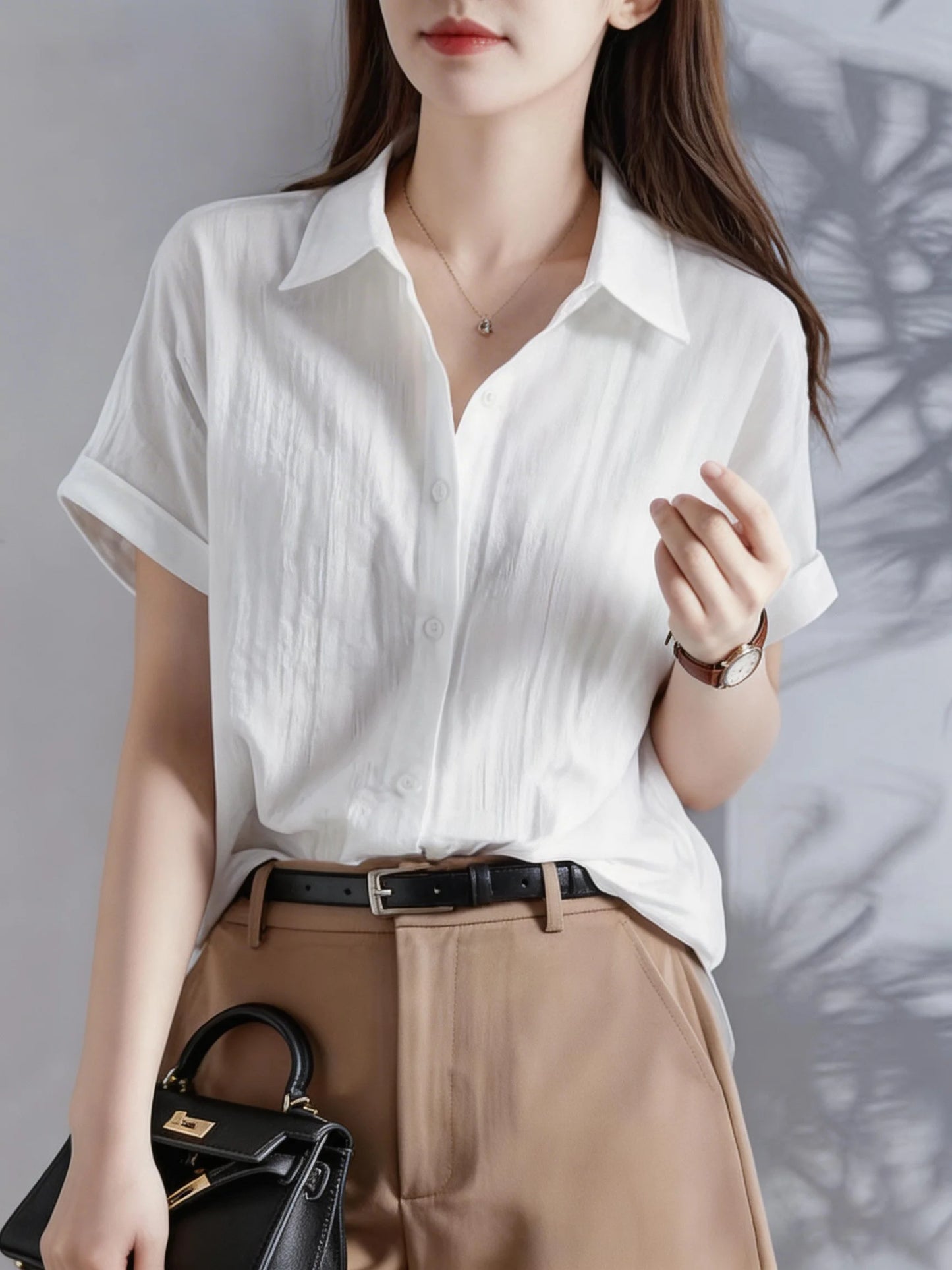 Women's Casual White Blouse, Short Sleeve V-Neck Shirt, Business Office Workwear, Breathable Textured Blouse