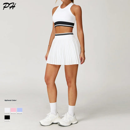 2Pcs Set Tennis Yoga Sportswear Women Glolf Badminton Running Fitness Set Nude Workout Tracksuit Quick Dry Sport Skirts Bra Suit