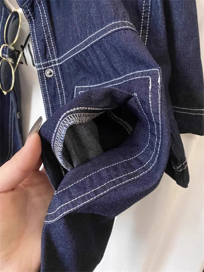 Deep Blue Retro Short Denim Shirts 2026 New Spring Summer Short Sleeved Loose Jeans Jacket Women Korean Versatile Outwear Tops