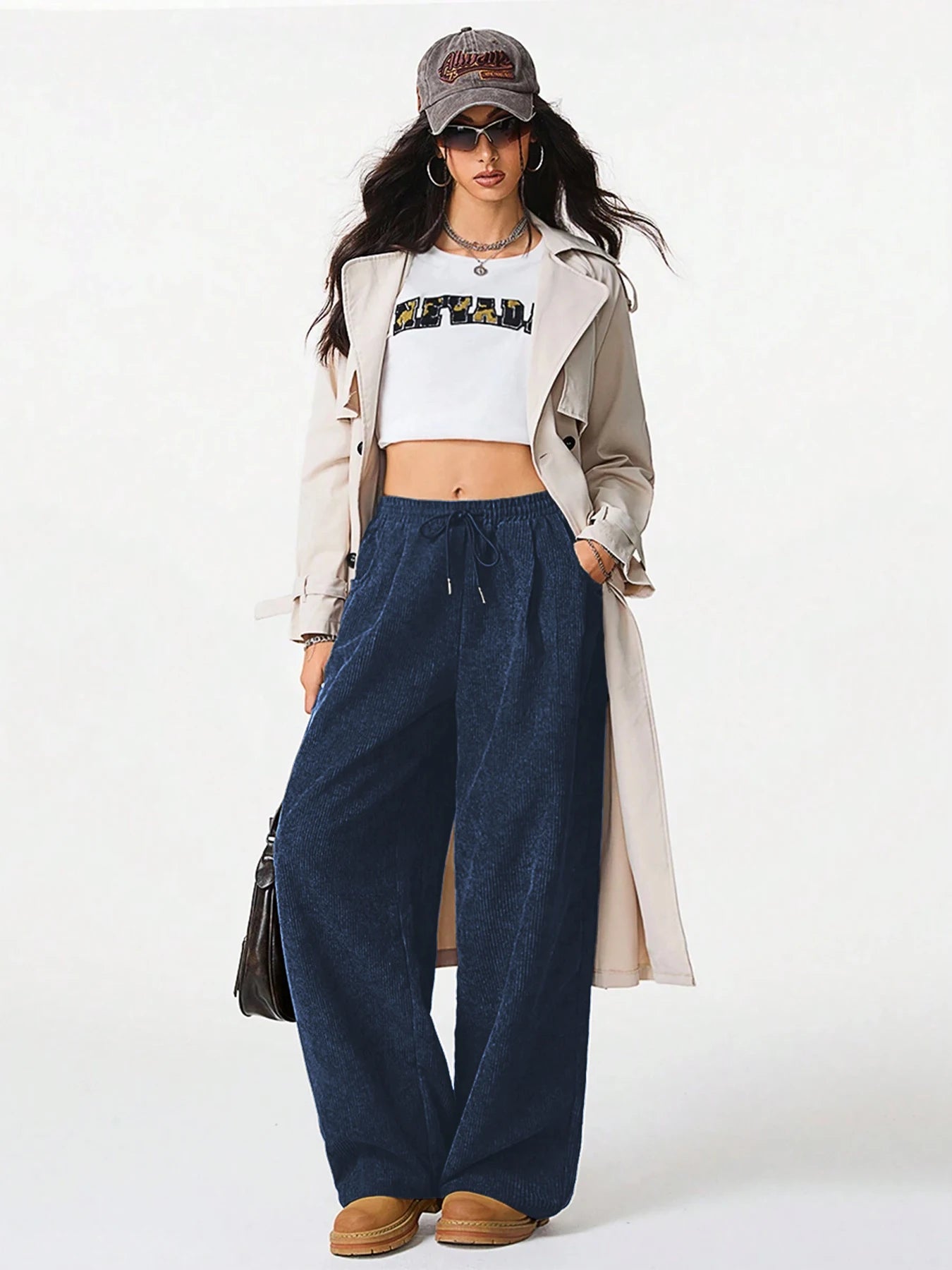 Women's Retro Corduroy Cargo Pants Casual Drawstring Straight Sports Pants Drape Daily Commuting Wide Leg Pants