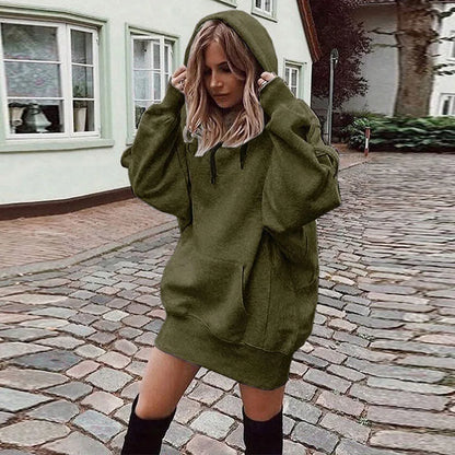 Oversized Hoodie Dress Women Loose Long Sleeve Pocket Drawstring Sweatshirt Dress Casual Streetwear Daily Wear Warm Pullover