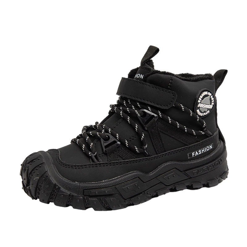 Kids Hiking Shoes Waterproof Leather Boots - Warm Cotton Rubber Sole Winter Footwear