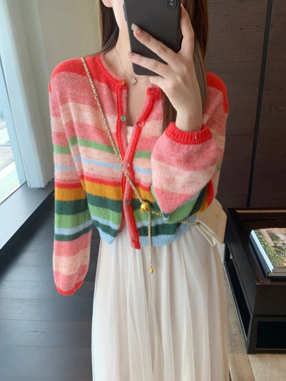 Soft Rainbow Striped Knitted Open Cardigan Long Sleeve Women's Top Trendy Lazy Style Early Autumn Fashionable Sweater Jacket