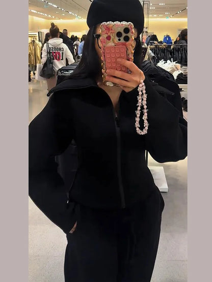 Women Black Jacket - Casual Long Sleeve Zipper Coat | Loose Fit Spring Outerwear