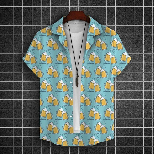 Hawaiian Shirt For Men 3d Beer Printed Short Sleeve Shirts Party Tees Summer Casual Tops Loose Oversized Clothing