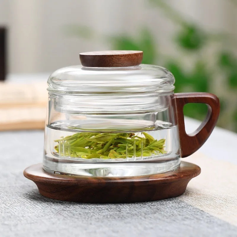 Heat Resistant Glass Tea Infuser Cup - 200ml Teacup with Wood Handle and Filter for Kung Fu Tea Set - ZOOMNSTORE