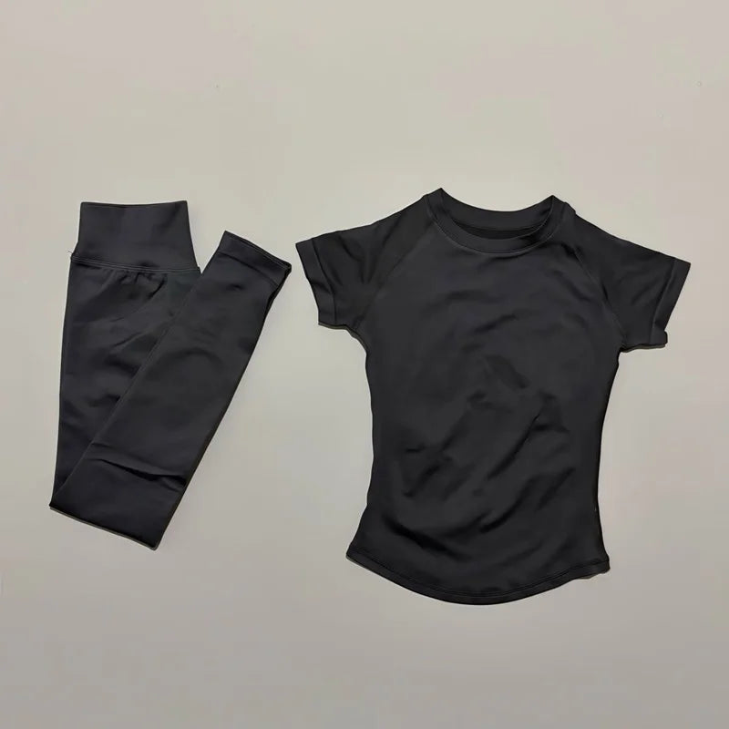 2 Piece Women Solid Color Set Summer Casual Short Sleeve T-Shirt High Waist Long Pants Soft Breathable Tracksuit Daily Outfit