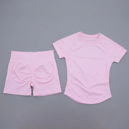 2 Pieces AURA IMPACT Sports Sets Short Sleeve Seamless Yoga Top Fitness Set Women Workout Running Sports Shorts Gym Suit