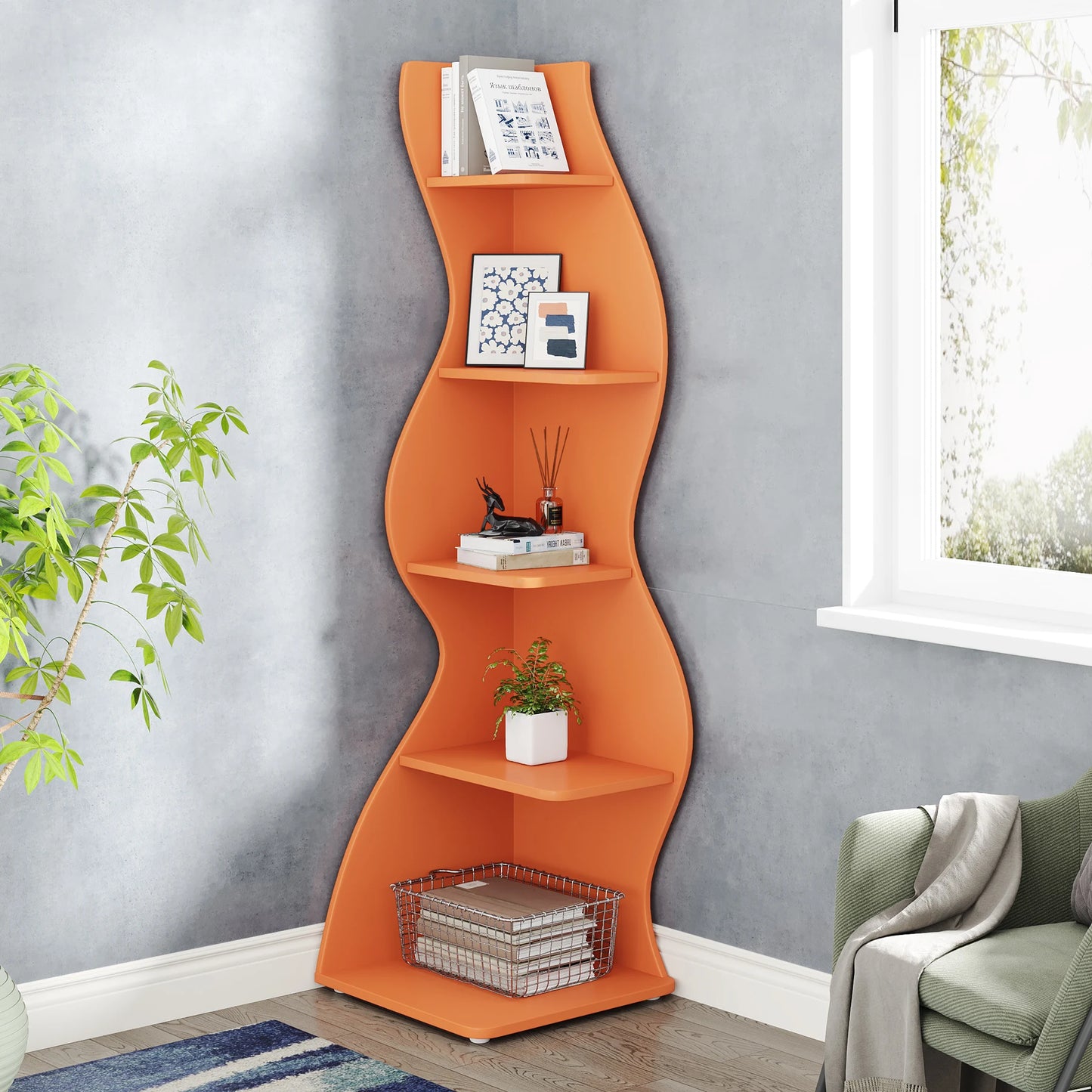 Corner Bookshelf - Modern 5-Tier Shelf | Stylish Wooden Storage Rack