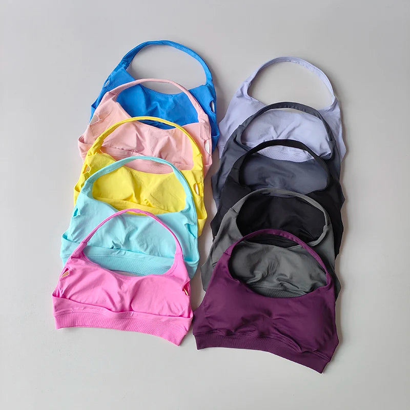 Padded Sports Bra - Shockproof Seamless Workout Bra With Halter Straps, Medium Support