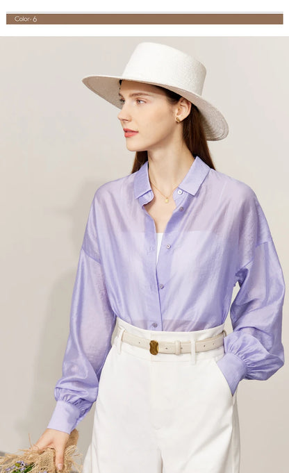 AMII Minimalist Blouse for Women 2023 Autumn Lantern Sleeve V-Neck Slightly Transparent Elegant Commuter Clothing Tops 72341030