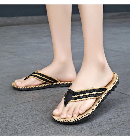 Men's flip flops summer new lightweight rubber woven slippers fashion casual outdoor sandals breathable anti slip beach shoes
