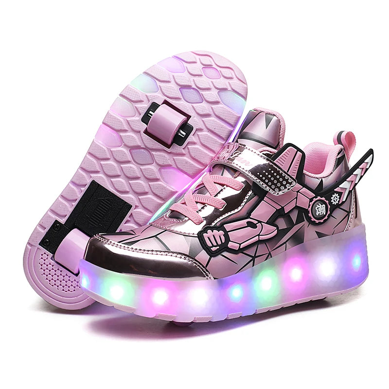 Girls Roller Skate Shoes - Pink Lighted Skates With Hook And Loop Closure