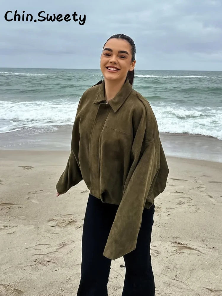 Vintage Suede Green Bomber Jacket Women Loose Lapel Full Sleeve Zipper Commute Coat 2025 Autumn Lady High Street All-match Coats