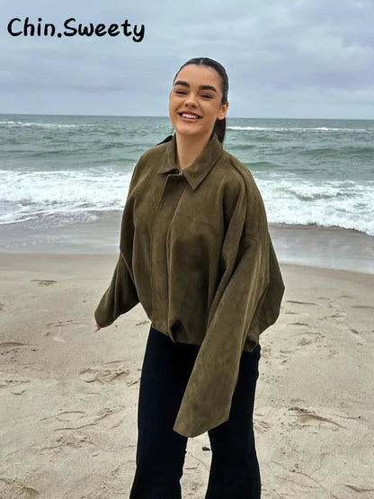 Vintage Suede Green Bomber Jacket Women Loose Lapel Full Sleeve Zipper Commute Coat 2025 Autumn Lady High Street All-match Coats