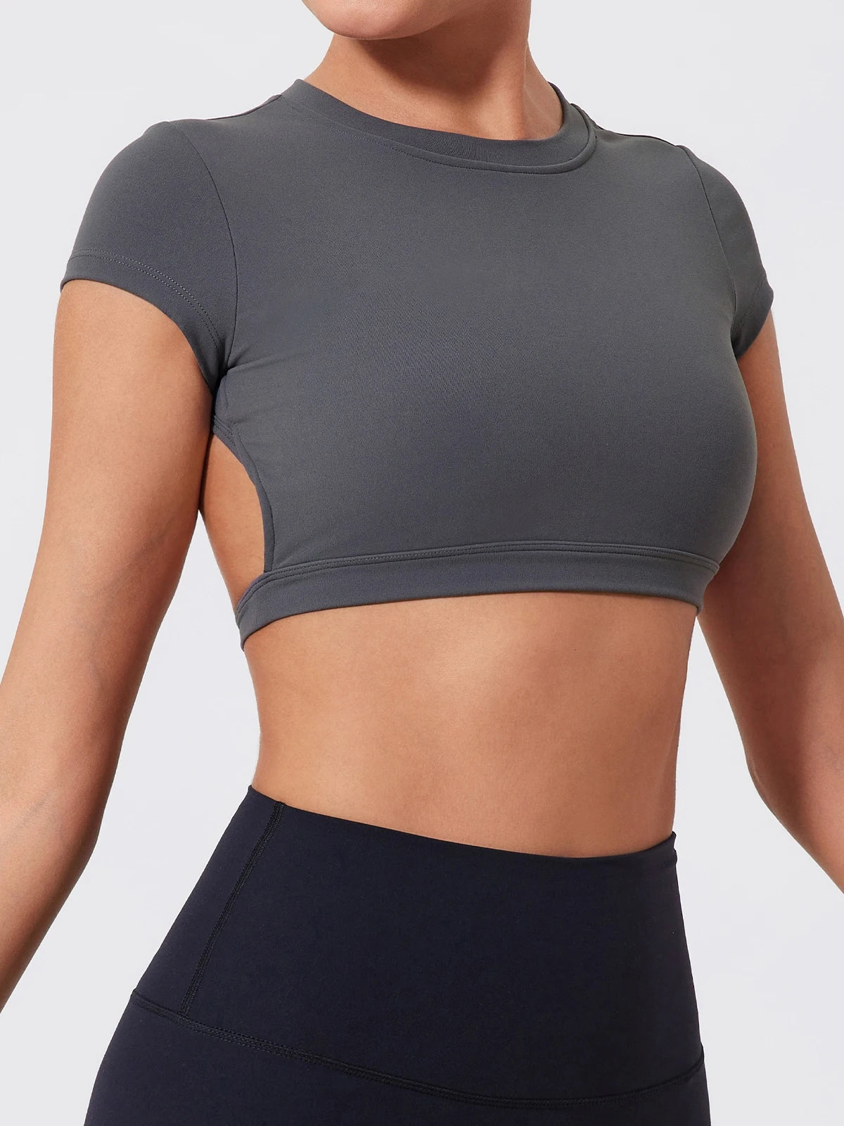 Women Crop Top - Backless Sports Crop Tee With High Compressive Waistband